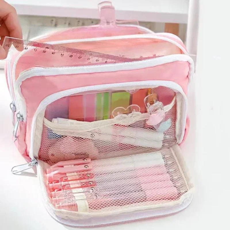 Aesthetic Large Pencil Case Pouch - กระเป๋าใส่ดินสอขนาดใหญ่พกพาสะดวก ดีไซน์สวยงาม พร้อมช่องใส่ปากกาสำหรับนักเรียน กระเป๋าซิปน่ารักสำหรับเด็กผู้หญิง สไตล์เรียบง่าย