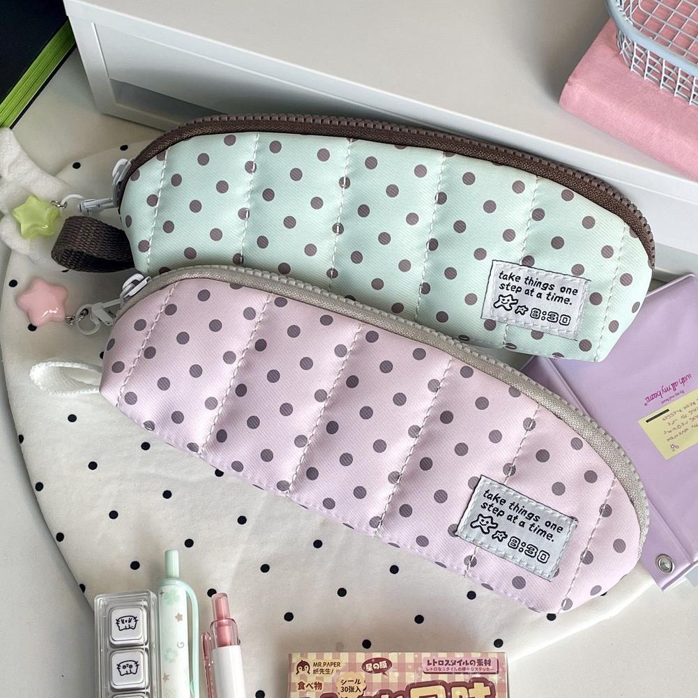 Aesthetic Large Pencil Case Pouch - กระเป๋าดินสอลายจุดสวยงามแบบพกพา สไตล์เกาหลี กระเป๋าใส่เครื่องเขียนขนาดใหญ่สำหรับนักเรียน